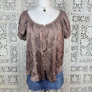 Anthropologie Short Sleeve Satin Lace Trim Prairie Peasant Blouse Sz Large
